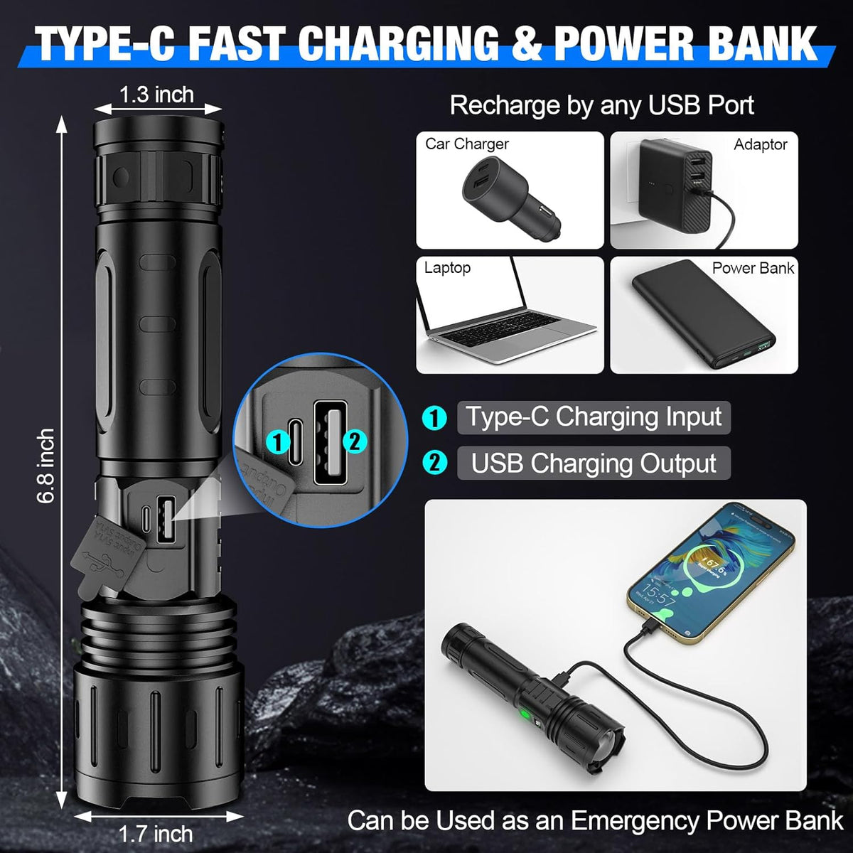 Rechargeable Flashlight, High Lumen LED Flashlight with Zoom and Power Bank – image 6