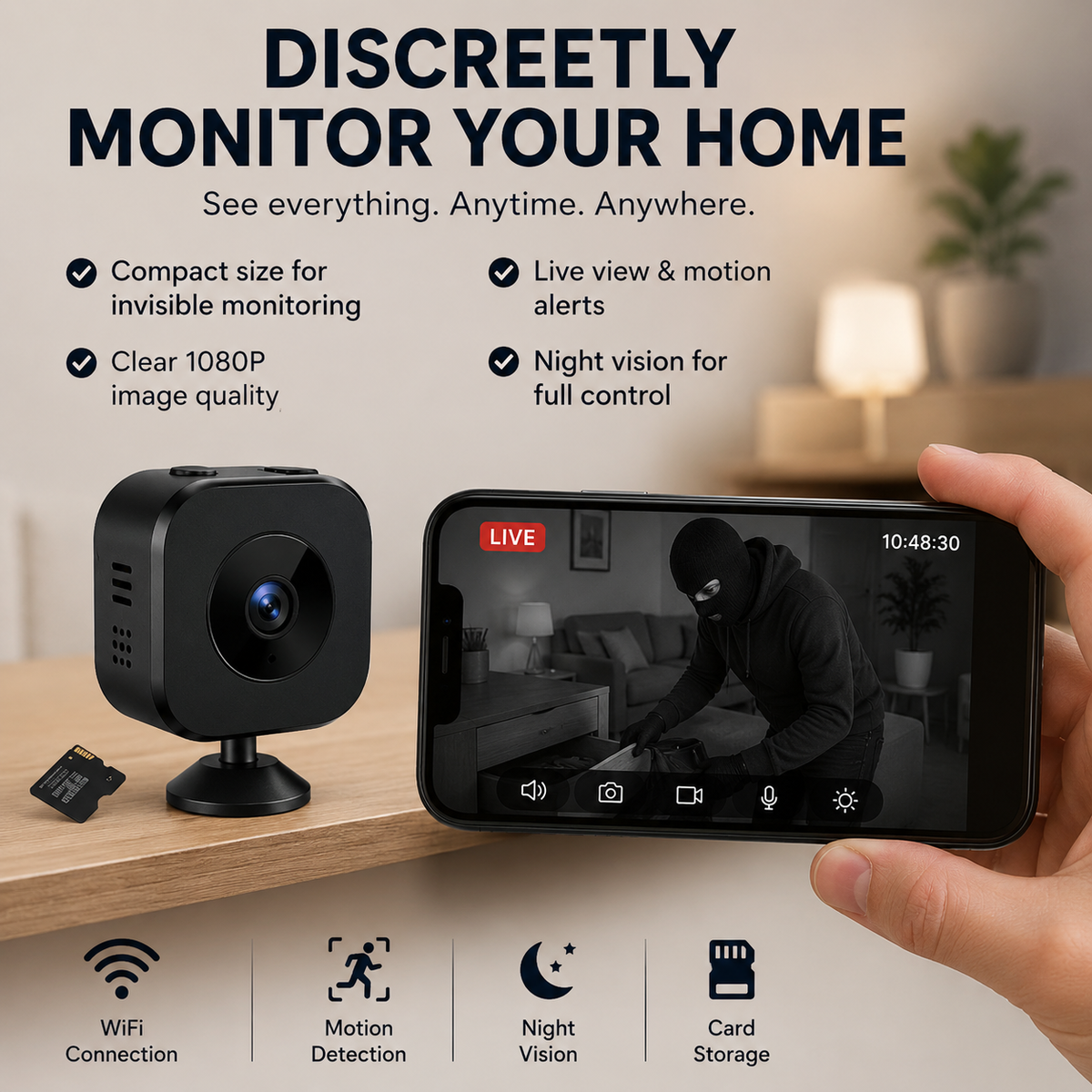 Home Security Camera, Mini Wireless Security Camera for Indoor Use, WiFi Surveillance Camera with Magnetic Mount