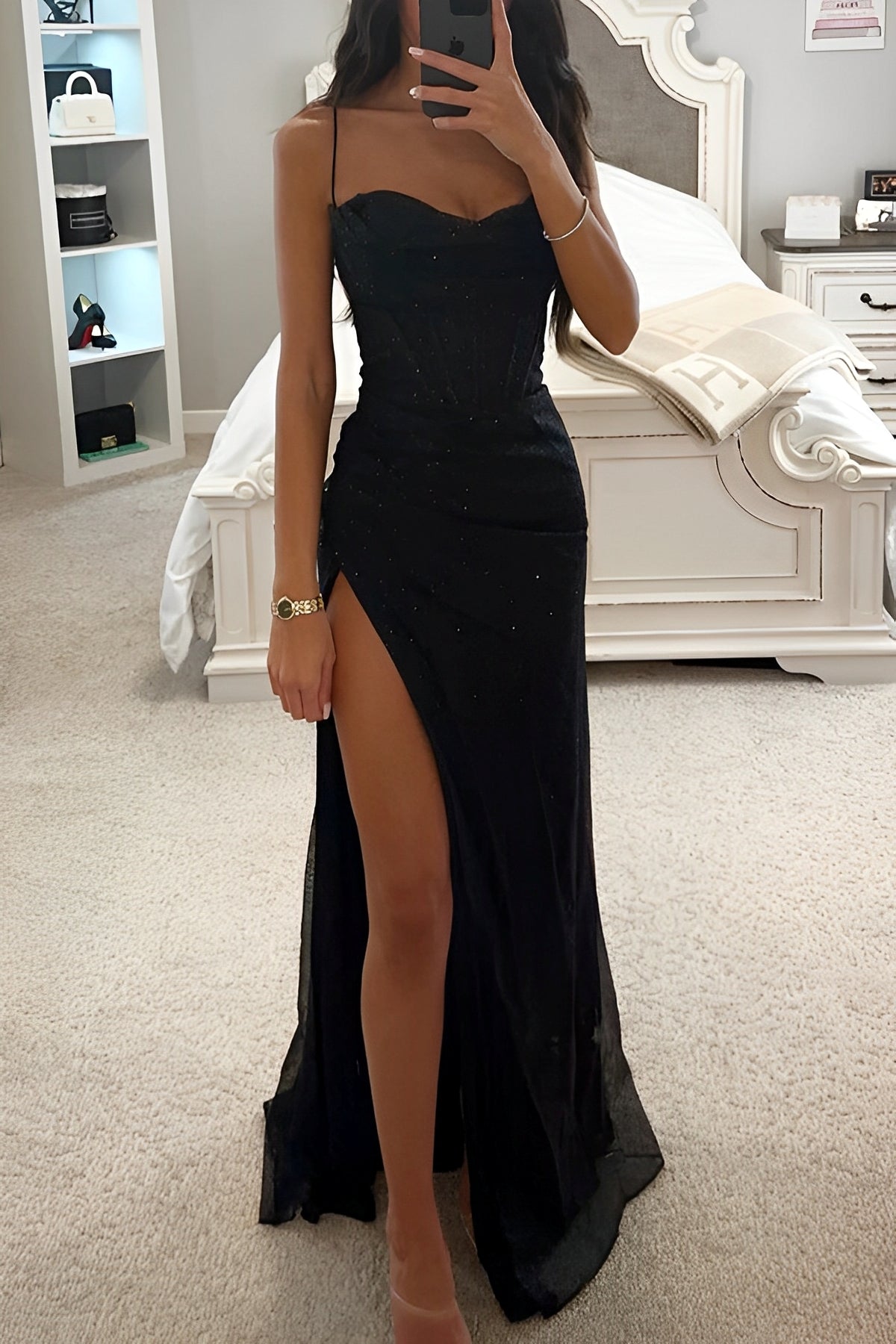 Wedding Guest Dresses for Women, Maxi Corset Dress with High Slit, Formal Evening Gown with Draped Neckline