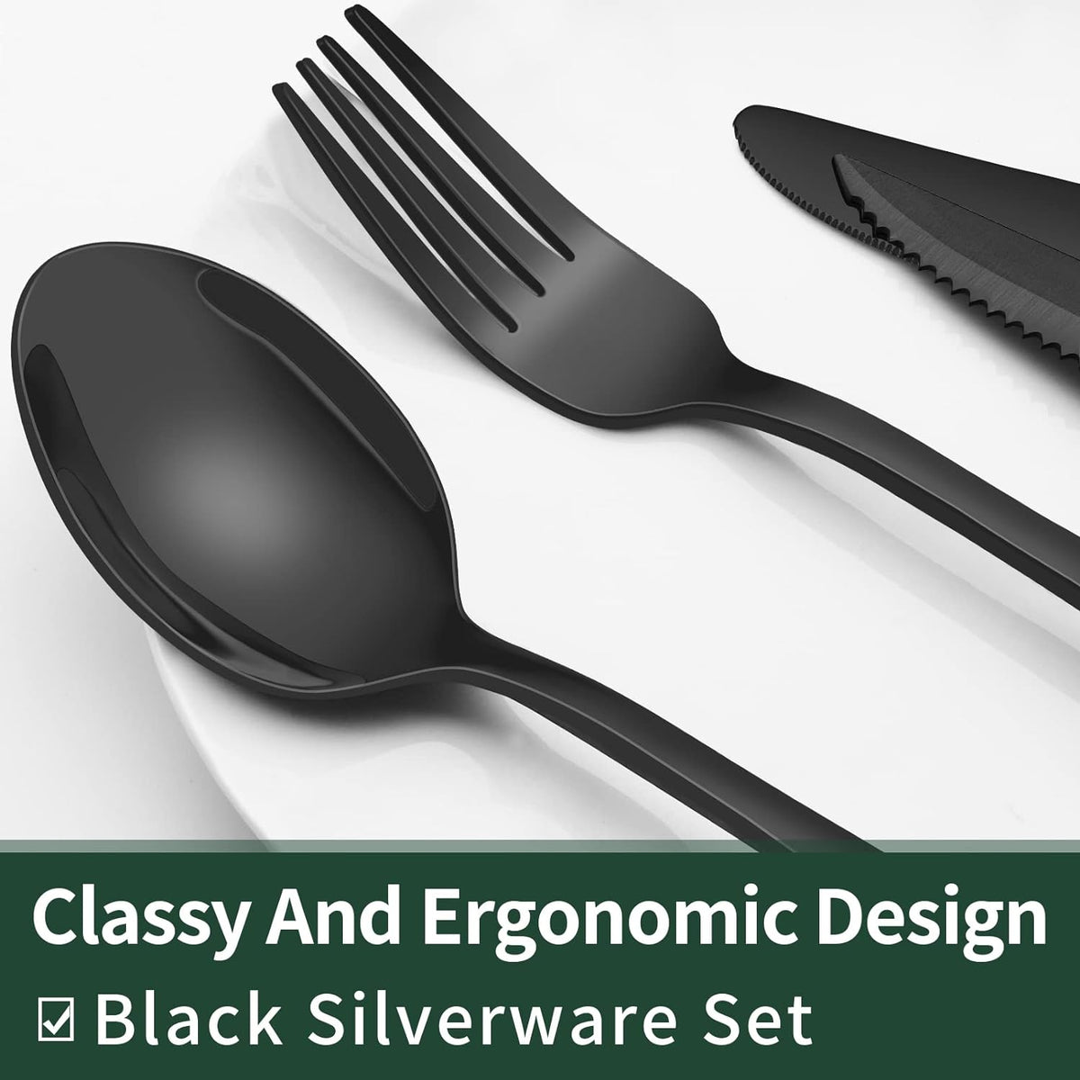 Black Silverware Set for 4, Cutlery Set with Steak Knives and Teaspoons – image 6