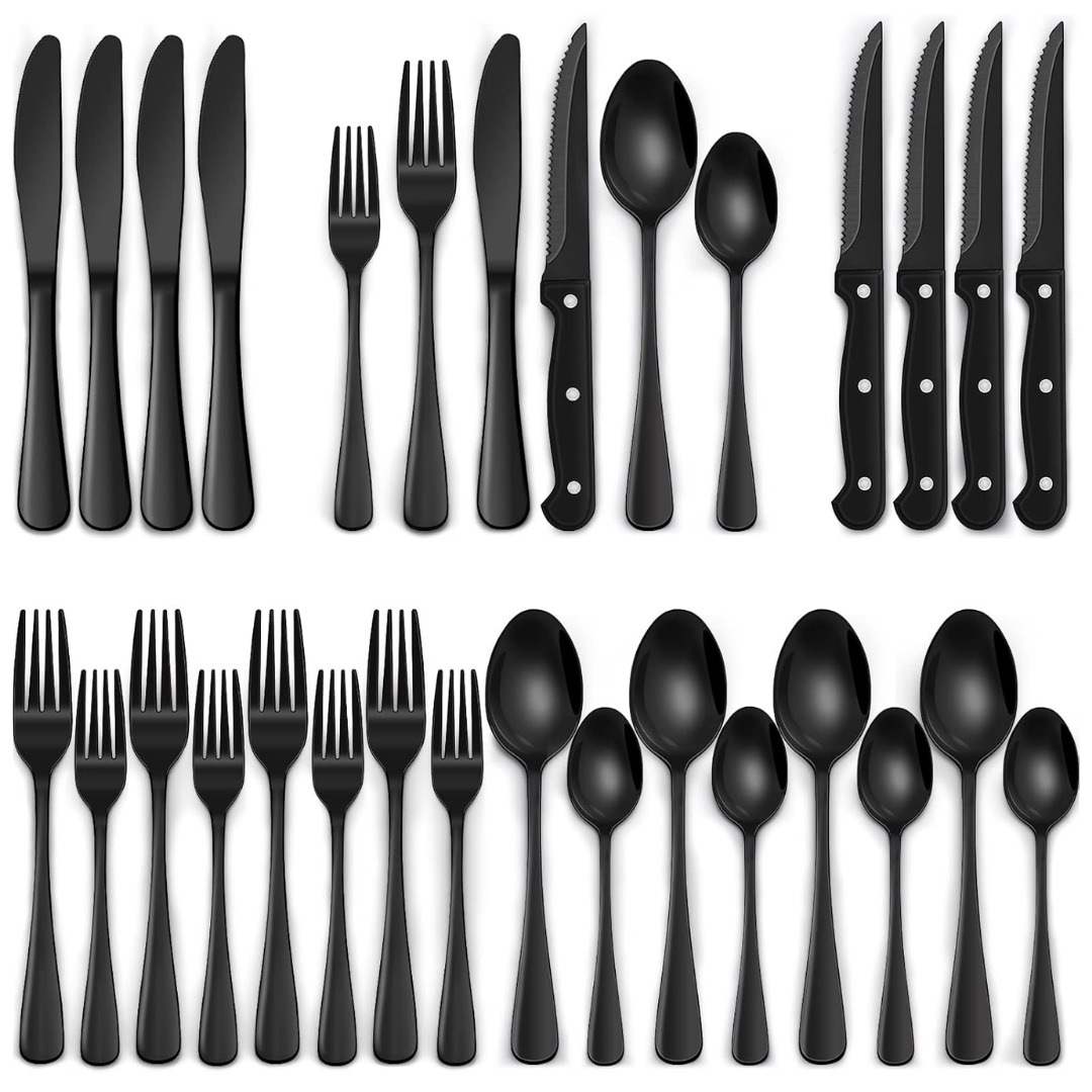 Black Silverware Set for 4, Stainless Steel Flatware Set 24 Piece, Cutlery Set with Steak Knives and Teaspoons