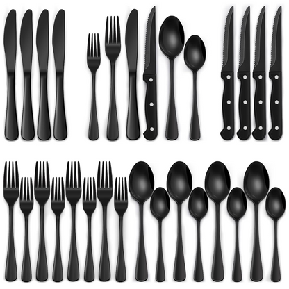 Black Silverware Set for 4, Stainless Steel Flatware Set 24 Piece, Cutlery Set with Steak Knives and Teaspoons