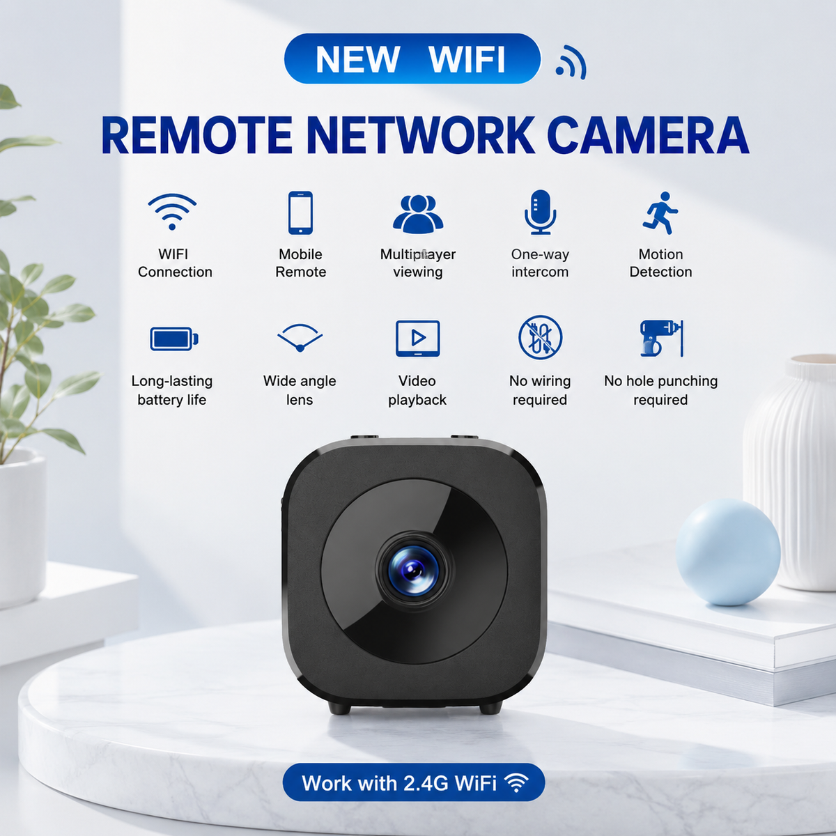 Home Security Camera, WiFi Surveillance Camera with Magnetic Mount