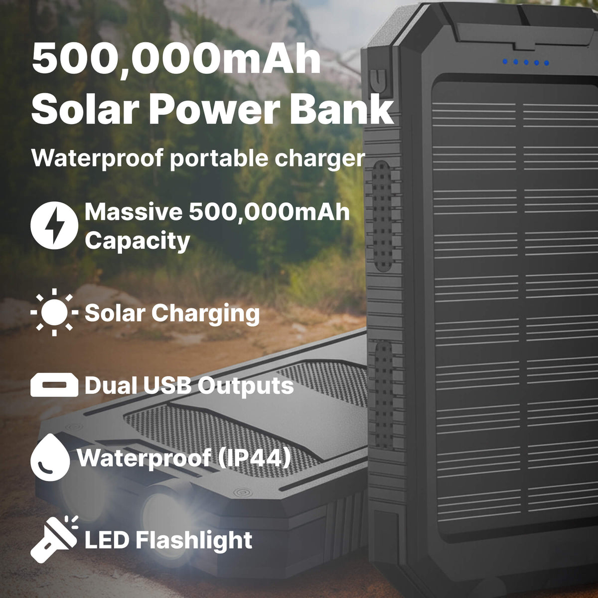 Portable Charger Solar Power Bank, 20000mAh Power Bank with Dual USB and LED Lights