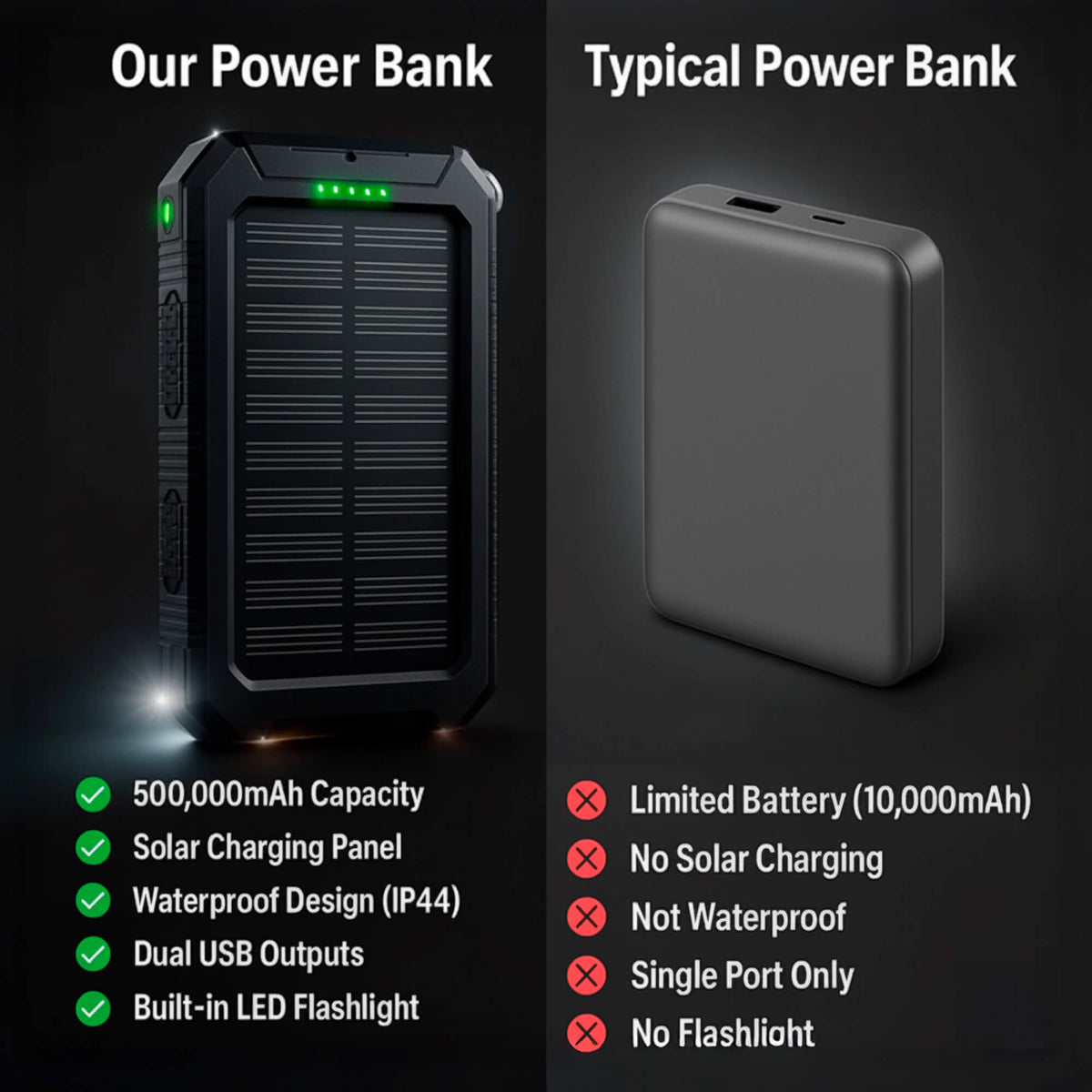 Portable Charger Solar Power Bank, 20000mAh Power Bank with Dual USB and LED Lights – image 6