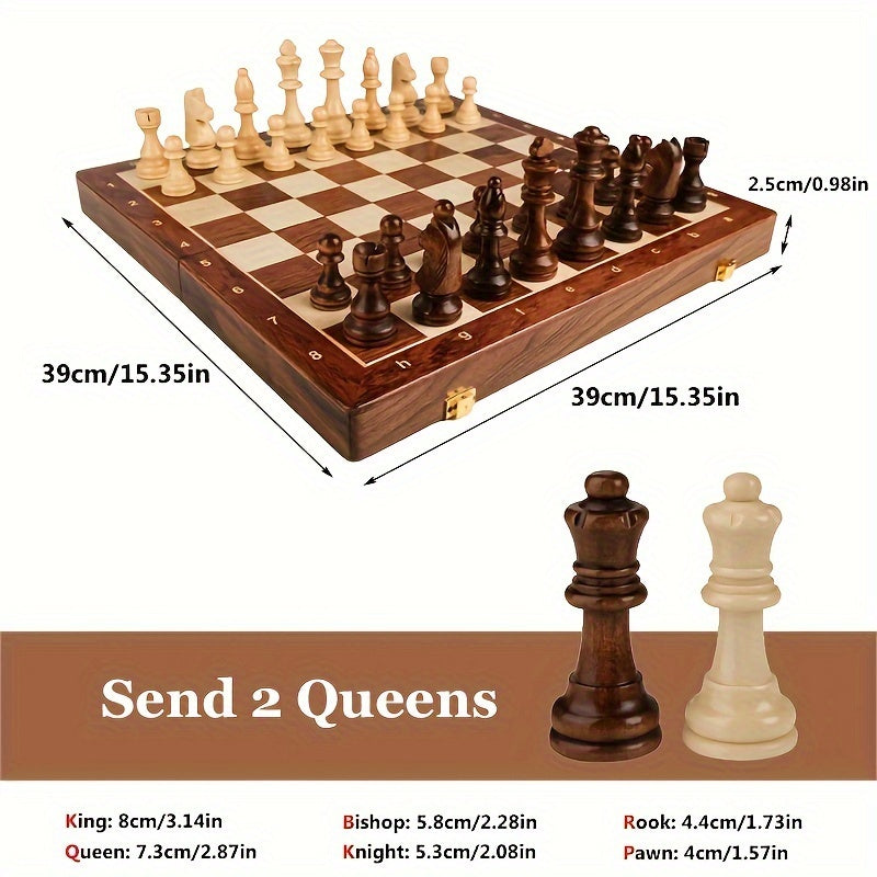 Wooden Chess Board Set, Chess Set with 32 Chess Pieces and 2 Extra Queens