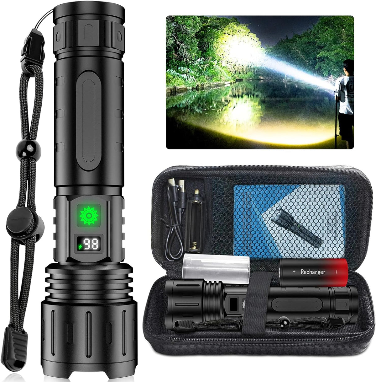 Rechargeable Flashlight, High Lumen LED Flashlight with Zoom and Power Bank, Torch Light with Adjustable Beam