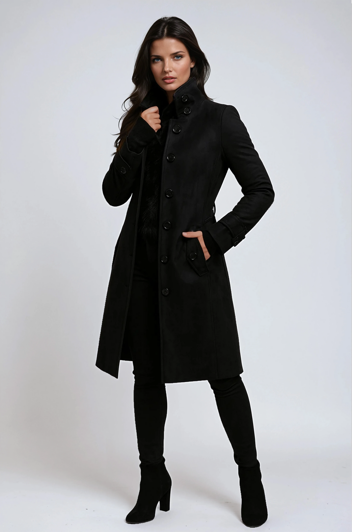 Trench Coat for Women, Long Winter Coat with High Collar, Womens Long Trench Coat with Button Closure and Pockets