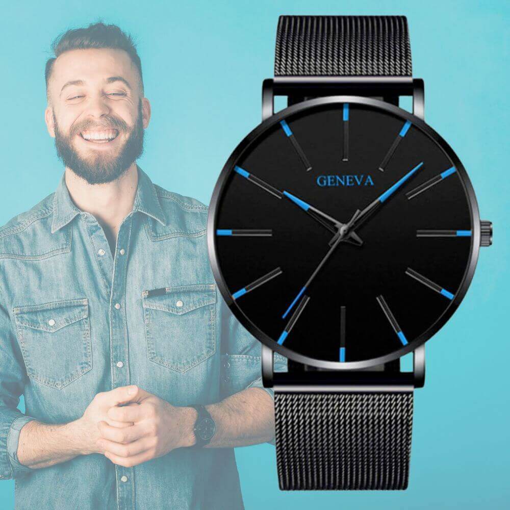 Mens Watch, Minimalist Analog Watch with Leather Band