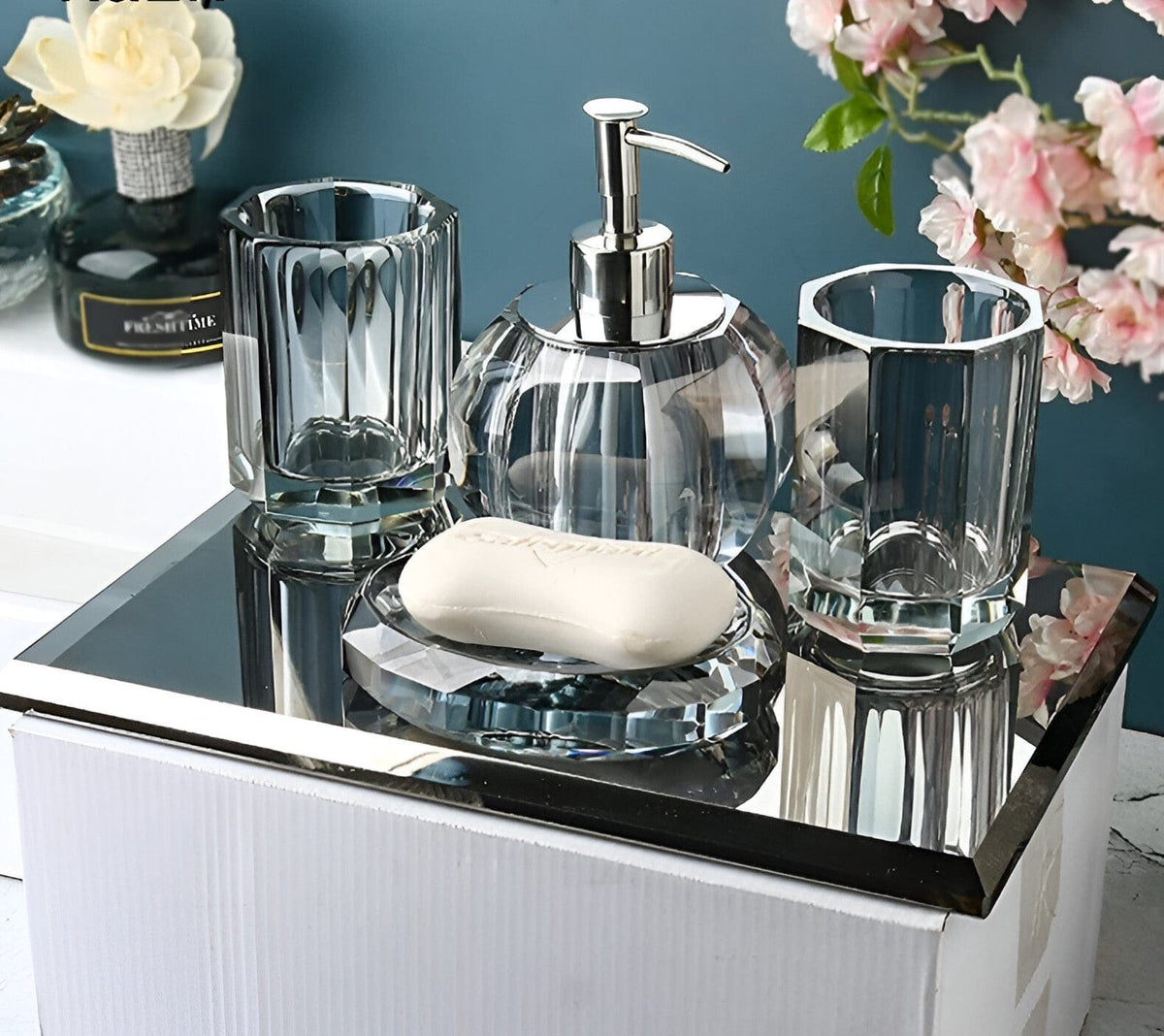 Crystal Glass Bathroom Accessories, Glass Soap Dispenser, Toothbrush Holder, Soap Dish, Vanity Tray, Q Tip Holder