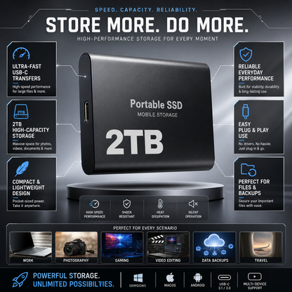 2TB SSD Drive, Portable Solid State Drive with USB C Cable