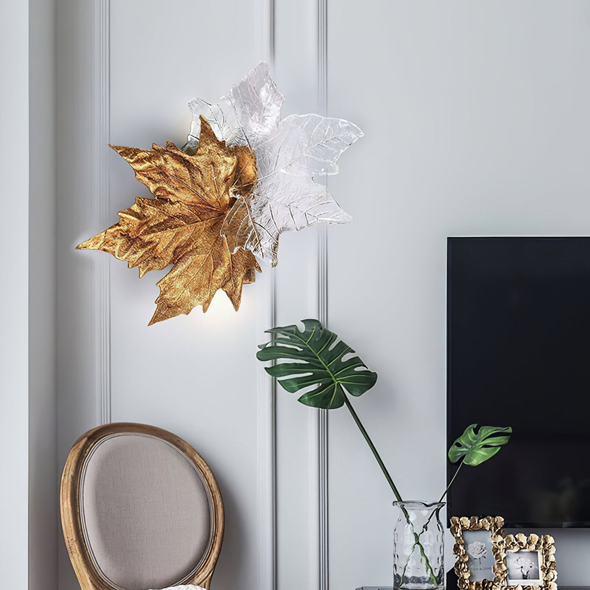 Brass Wall Sconce with Glass Leaves, Indoor Wall Light