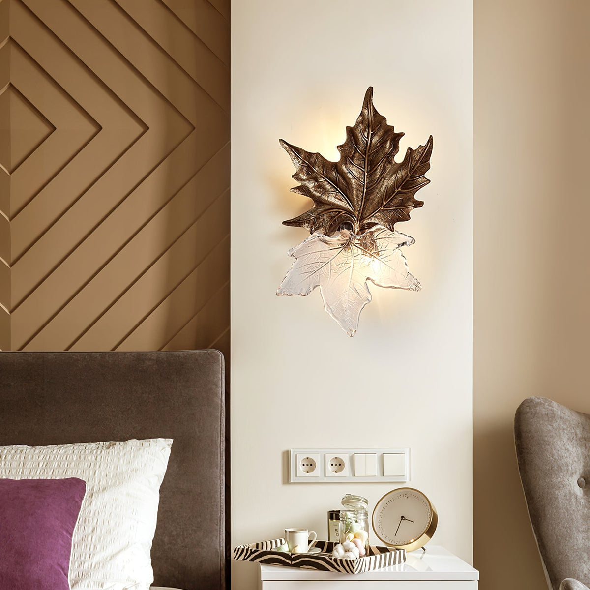 Brass Wall Sconce with Glass Leaves, Modern Wall Sconce Lighting for Living Room and Dining Room