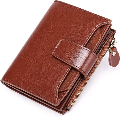 Genuine Leather Wallet with RFID Protection, RFID Blocking Wallet with 14 Card Slots, Compact Card Holder Wallet