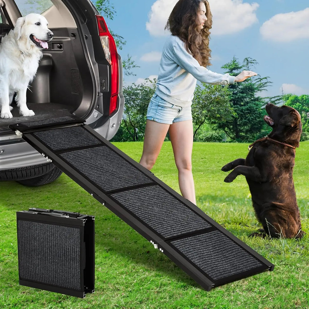 Dog Ramp for Car and Bed, Folding Dog Ramp for Large Dogs, Non Slip Pet Ramp for SUV and Truck