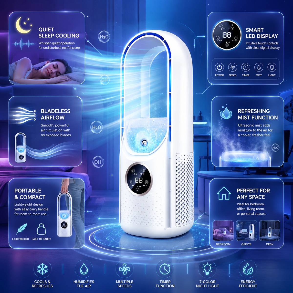 Portable Air Cooler, Bladeless Cooling Fan with Heating – image 4