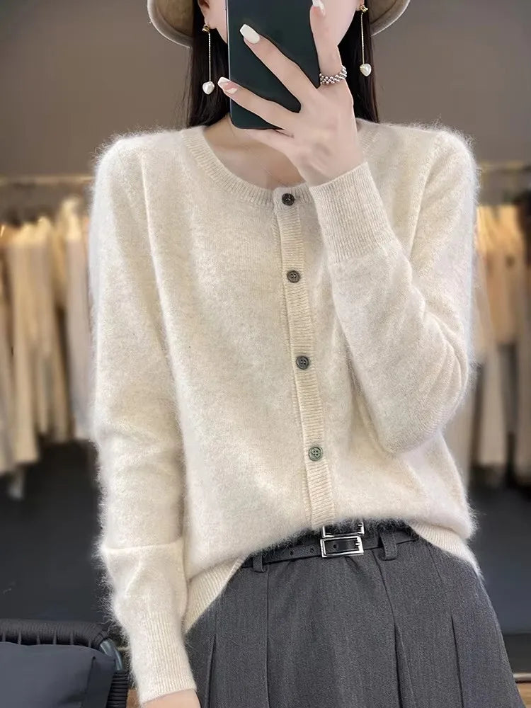 Cashmere Sweater Cardigan for Women, Crew Neck Cashmere Cardigan