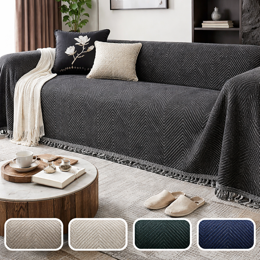 Couch Cover, Non Slip Sofa Cover with Herringbone Pattern and Fringed Edges