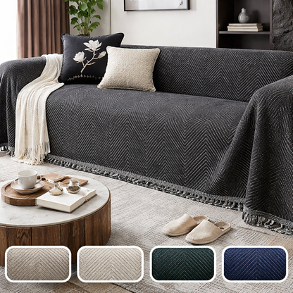 Couch Cover, Non Slip Sofa Cover with Herringbone Pattern and Fringed Edges