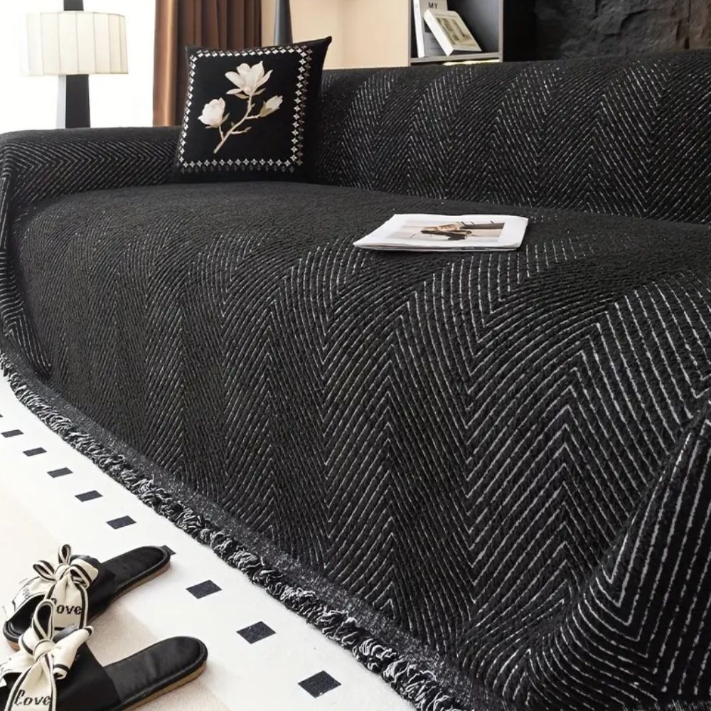 Couch Cover, Non Slip Sofa Cover with Herringbone Pattern and Fringed Edges, Washable Couch Throw Blanket