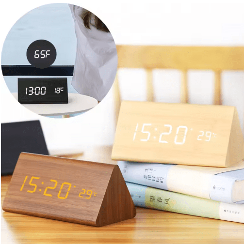 Digital Clock for Desk, Wooden Digital Clock with Sound Activation