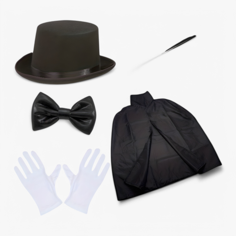 Childrens Costume Wizard Set for Ages 4 to 10, Black and White Wizard Costume with Cape and Hat, Magician Costume