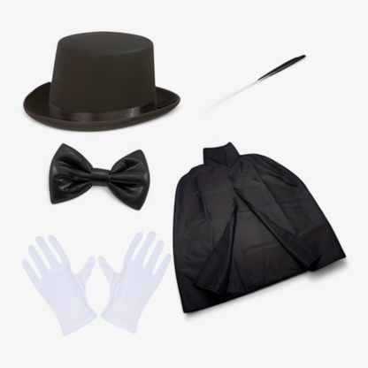 Childrens Costume Wizard Set for Ages 4 to 10, Black and White Wizard Costume with Cape and Hat, Magician Costume