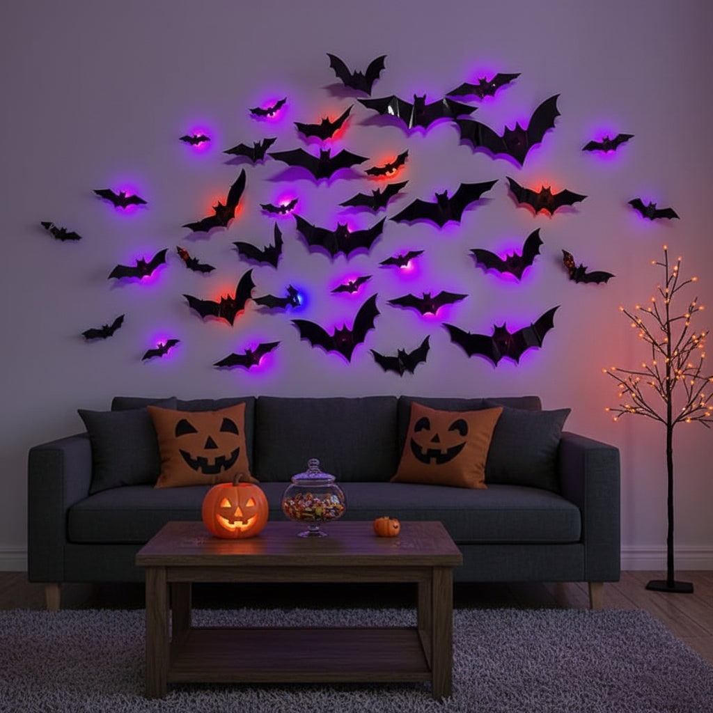 Halloween Decorations Outdoor and Indoor, 3D Halloween Bats with LED Lighting, Halloween Party Decorations for Wall