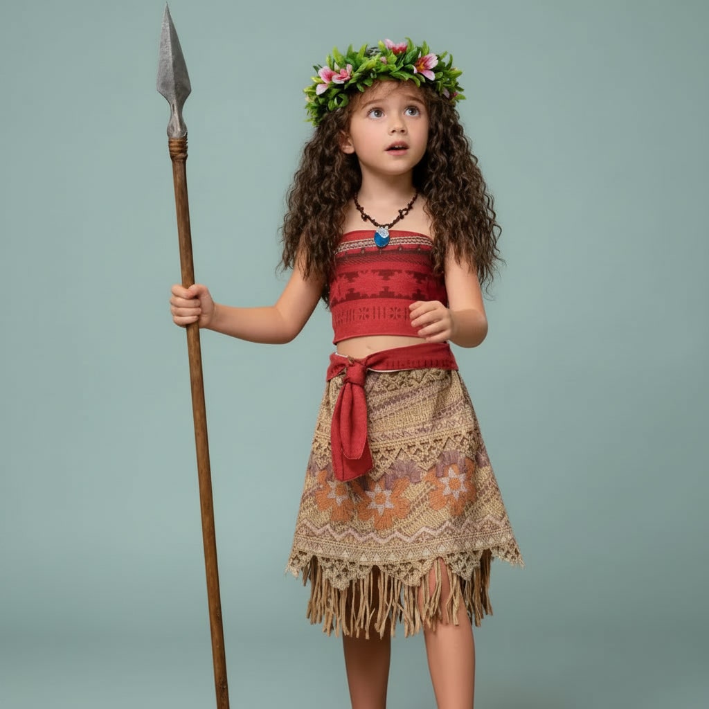 Kids Halloween Costume for Girls, Island Princess Costume with Curly Wig and Accessories
