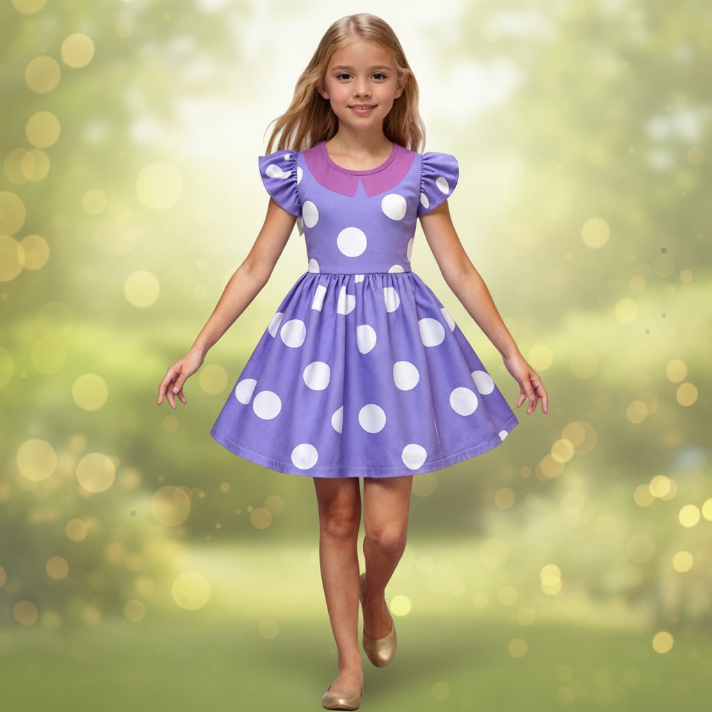 Kids Halloween Costumes for Girls, Polka Dot Dress with Blue Wig and Hair Clips, Girls Party Dress, Carnival Costume