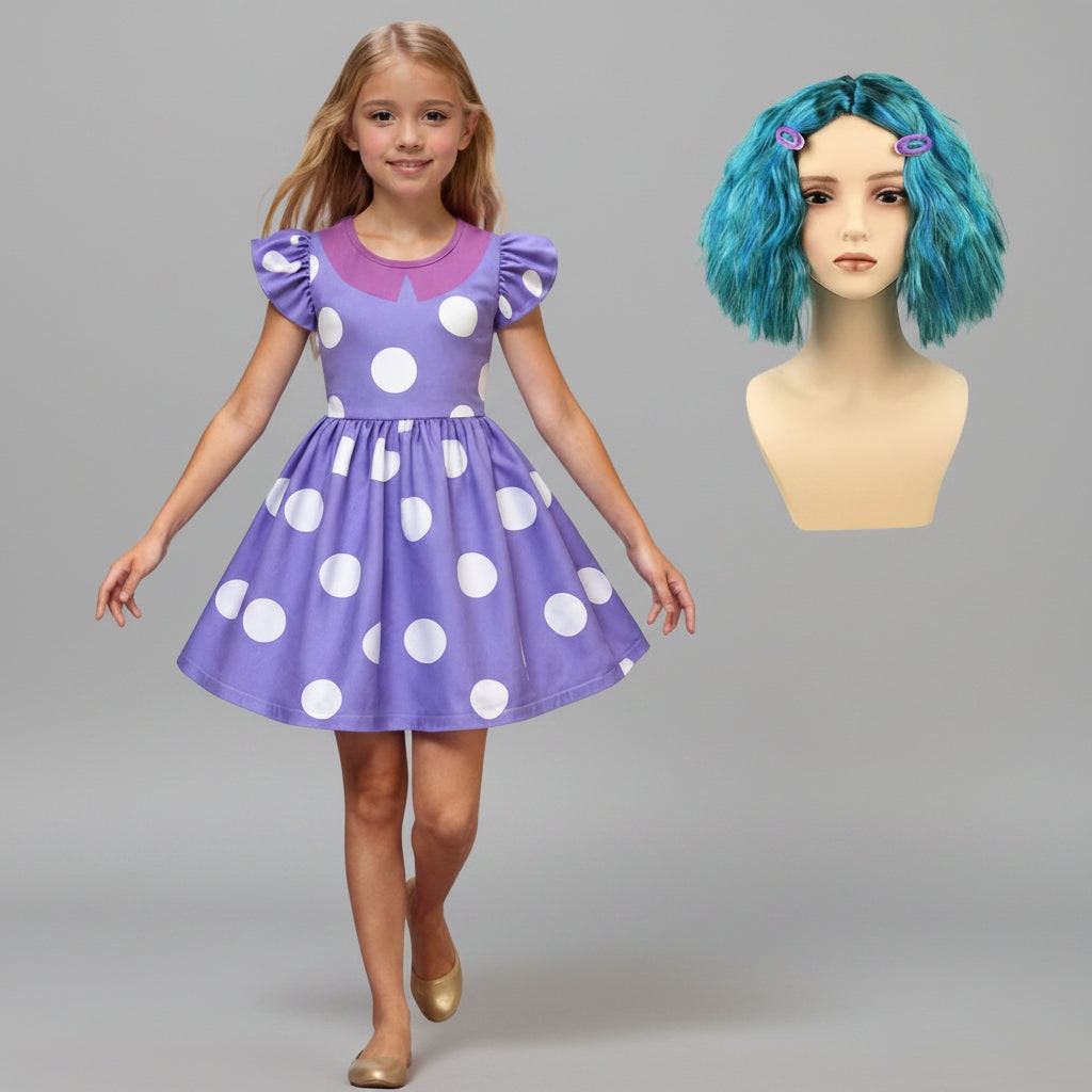 Kids Halloween Costumes for Girls, Polka Dot Dress with Blue Wig and Hair Clips