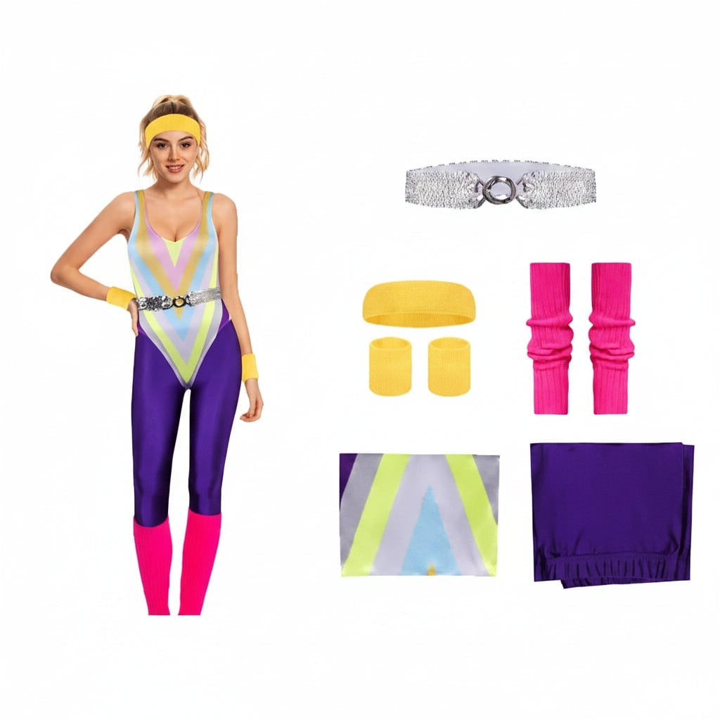 80s Costume Set with Bodysuit and Leg Warmers, Neon 80s Outfit