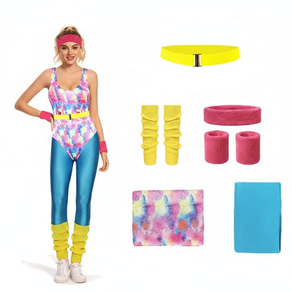 80s Costume Set with Bodysuit and Leg Warmers, Halloween 80s Costume for Party and Workout