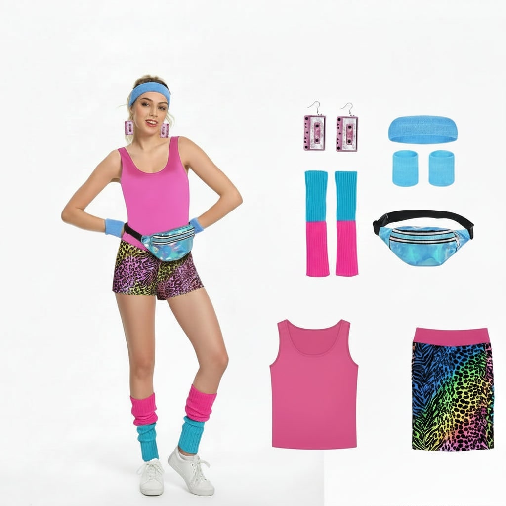 80s Costume Set with Bodysuit and Leg Warmers, Neon 80s Outfit – image 8