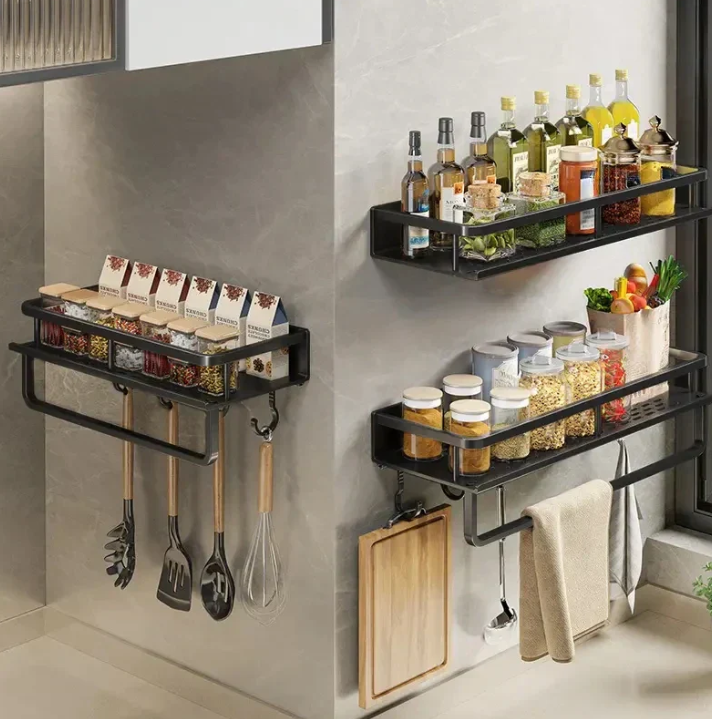 Wall Mounted Kitchen Shelf, Aluminum Spice Rack with Hooks and Towel Holder – image 4