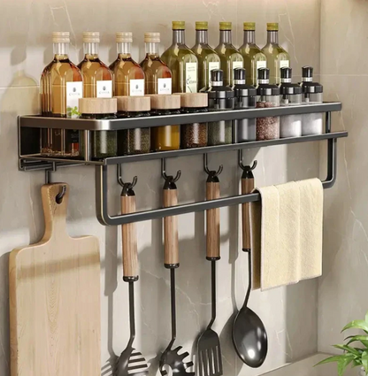 Wall Mounted Kitchen Shelf, Aluminum Spice Rack with Hooks and Towel Holder